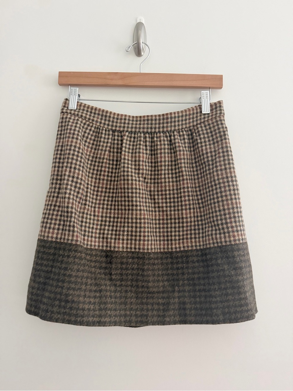 J. Crew Two-Tone Brown Houndstooth Mini Skirt 100 Lambswool Sz 2